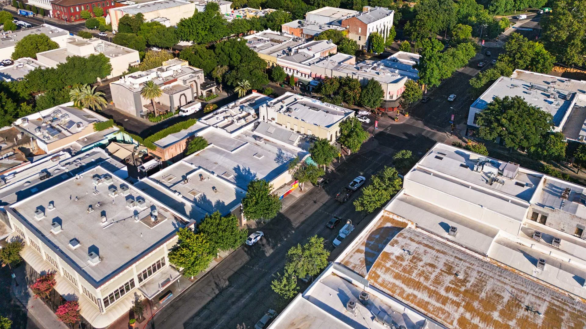 Commercial buildings and roofs in Chico, California
